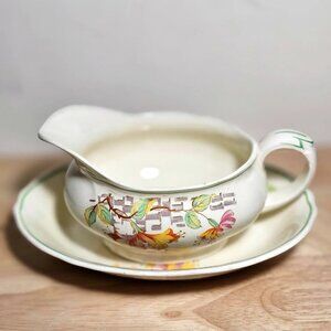 Vintage Grindley Gravy Boat with Saucier: Staffordshire Floral